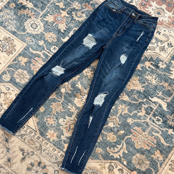 SHEIN Small 4 High Rise Distressed Dark Blue Jeans - Picture 4 of 6